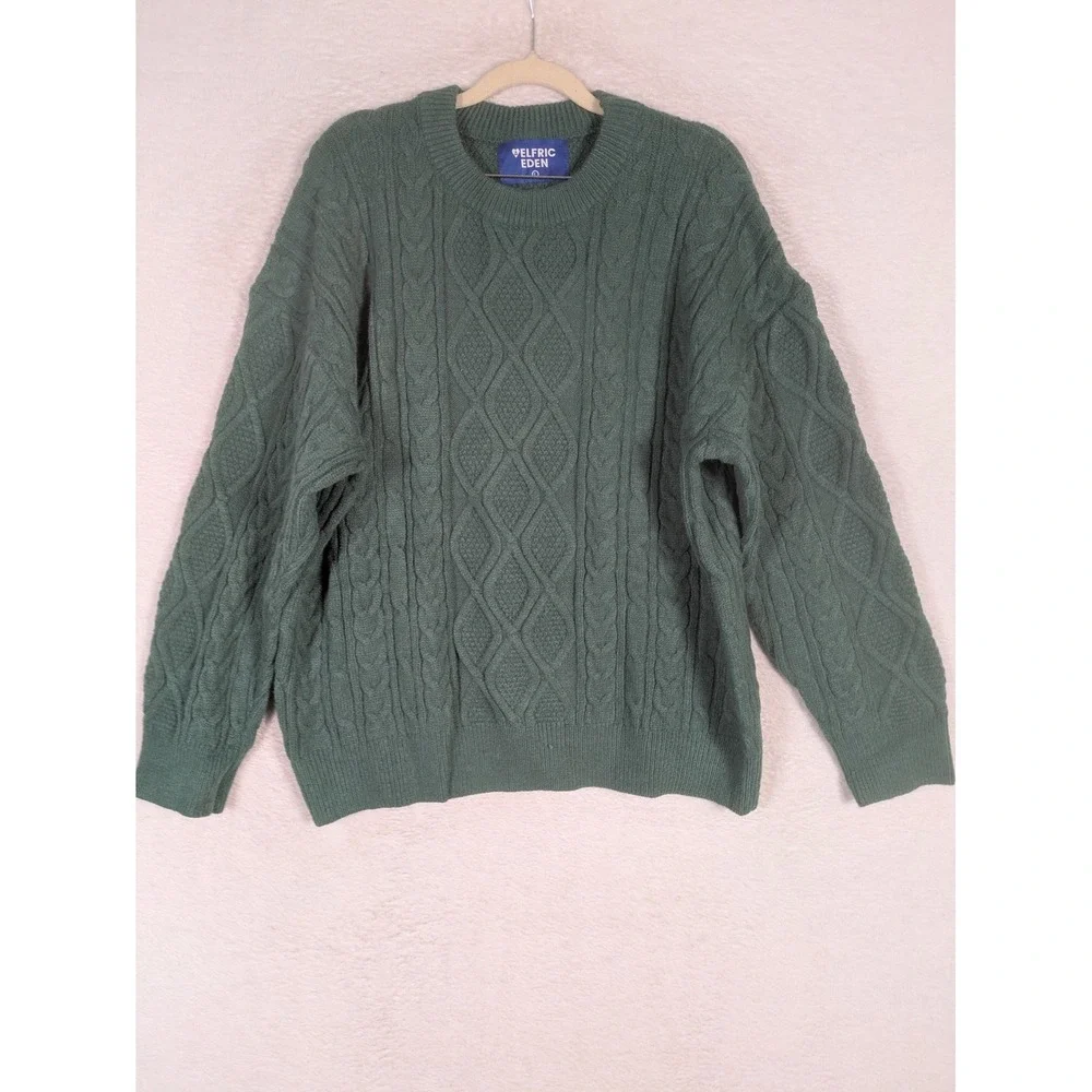 Elfric Eden Sweater Men's L Green Cable Knit Crew Neck Relaxed Fit Geometric